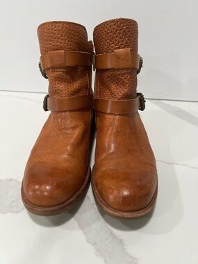 Sofft Cognac Leather Ankle Boots with Woven Shaft and Buckle Straps